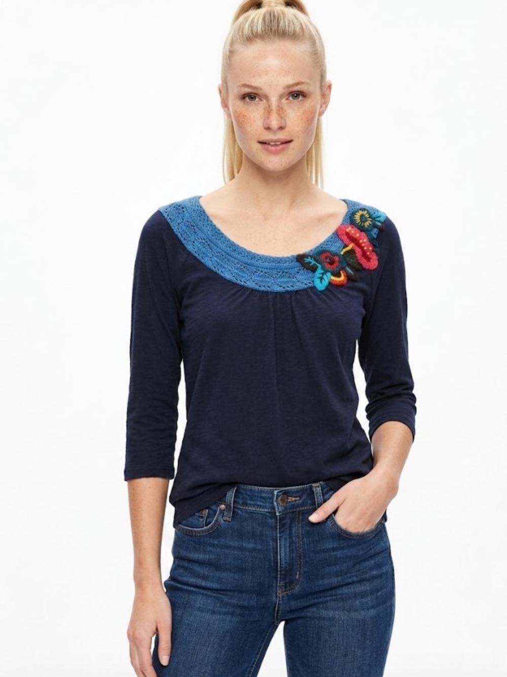 Anthropologie C. Keer Navy Top with Flower Embroidery - Size Small